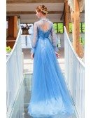 Fairy Blue Long Bubble Sleeve Prom Dress With Illusion Neckline