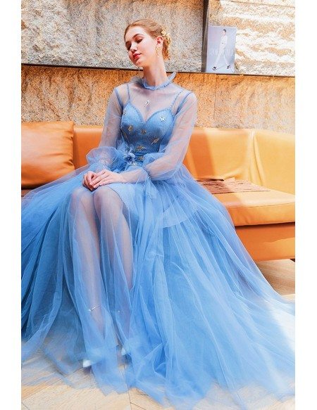 Fairy Blue Long Bubble Sleeve Prom Dress With Illusion Neckline