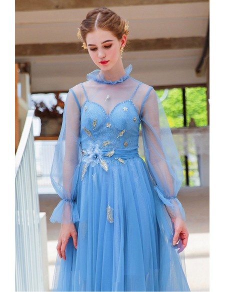 Fairy Blue Long Bubble Sleeve Prom Dress With Illusion Neckline ...