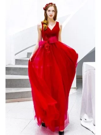 Big Bow Front Vneck Long Red Party Dress Sleeveless