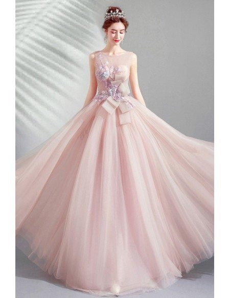 Fairytale Nude Pink Flowy Long Prom Dress With Big Bow Flowers