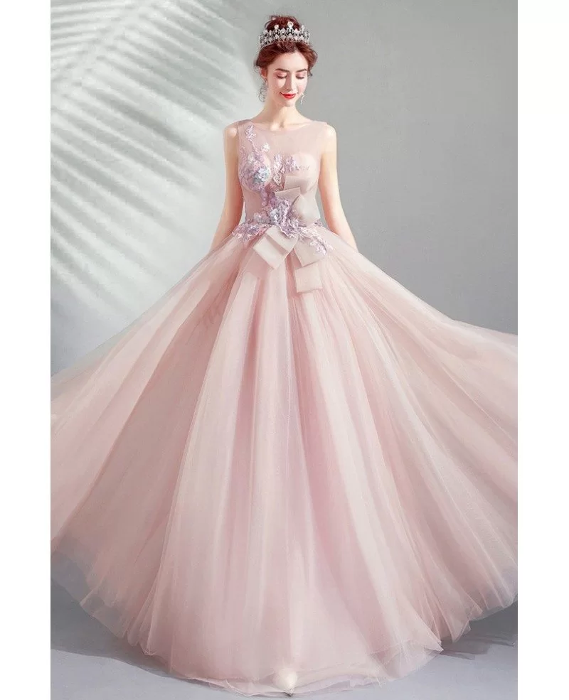 Fairytale Nude Pink Flowy Long Prom Dress With Big Bow Flowers ...