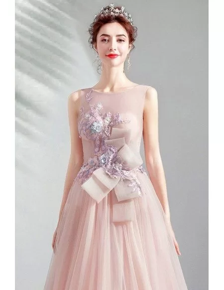 Fairytale Nude Pink Flowy Long Prom Dress With Big Bow Flowers