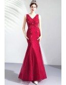 Fitted Mermaid Burgundy Lace Evening Prom Dress Vneck Sleeveless