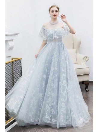Grey Lace Aline Long Tulle Cute Prom Dress With Illusion Neckline