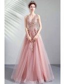 Peachy Pink Tulle Vneck Prom Dress With Beaded Embroidery Sleeveless