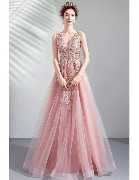 Peachy Pink Tulle Vneck Prom Dress With Beaded Embroidery Sleeveless ...