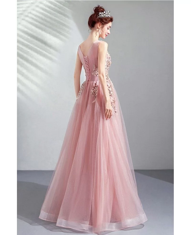 Peachy Pink Tulle Vneck Prom Dress With Beaded Embroidery Sleeveless ...