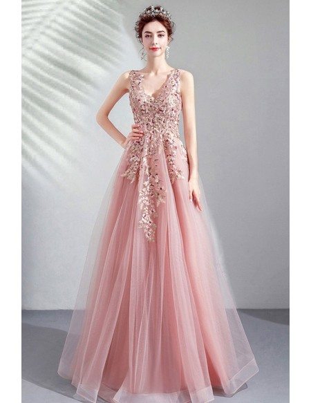 Peachy Pink Tulle Vneck Prom Dress With Beaded Embroidery Sleeveless