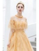 Gold Yellow Bing Sequins Prom Party Dress With Sheer Neckline