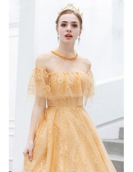 Gold Yellow Bing Sequins Prom Party Dress With Sheer Neckline