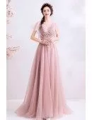 Gorgeous Pink Tulle Prom Dress Aline With Embroidery Vneck Tulle Sleeves