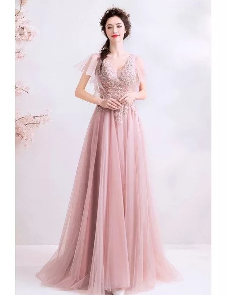 Gorgeous Pink Tulle Prom Dress Aline With Embroidery Vneck Tulle ...