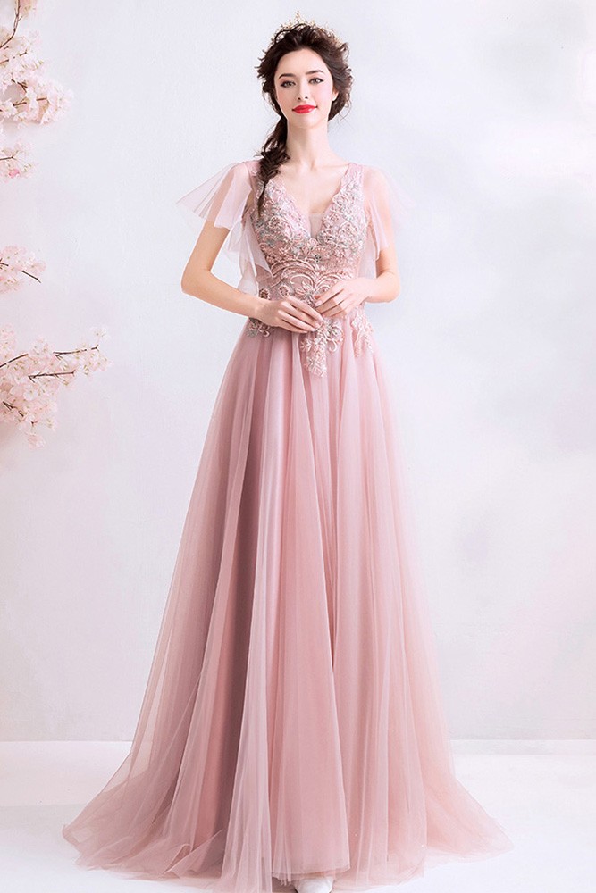 Gorgeous Pink Tulle Prom Dress Aline With Embroidery Vneck Tulle ...