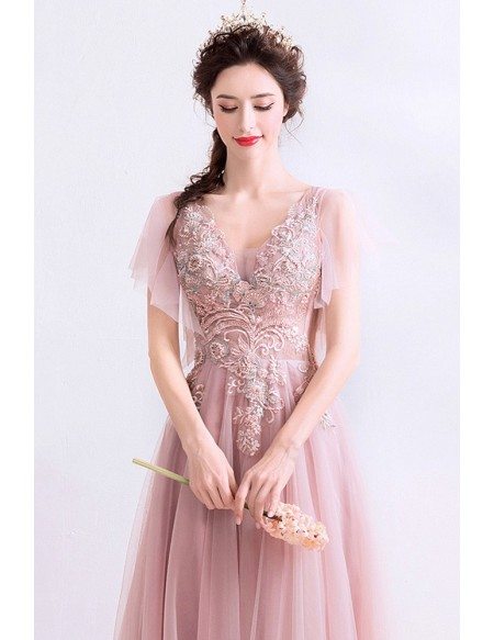 Gorgeous Pink Tulle Prom Dress Aline With Embroidery Vneck Tulle Sleeves