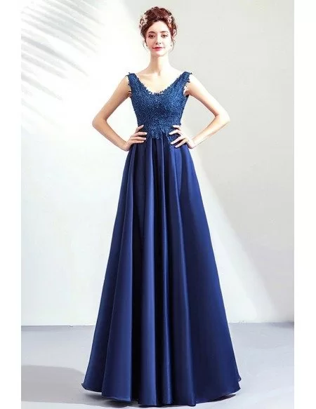 Formal Elegant Vneck Lace Blue Long Satin Evening Prom Dress Sleeveless