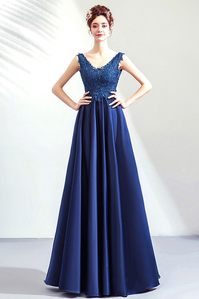 Formal Elegant Vneck Lace Blue Long Satin Evening Prom Dress Sleeveless ...