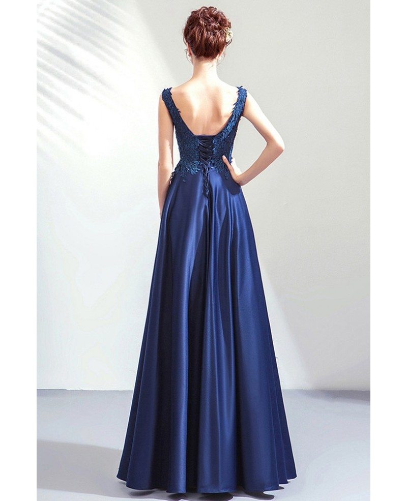 Formal Elegant Vneck Lace Blue Long Satin Evening Prom Dress Sleeveless ...