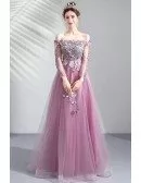 Gorgeous Purple Long Tulle Prom Party Dress With Long Sleeves Embroidery