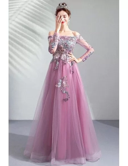 Gorgeous Purple Long Tulle Prom Party Dress With Long Sleeves Embroidery
