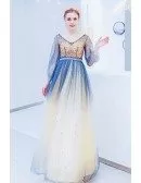 Exotic Ombre Blue Sequns Sparkly Prom Dress With Long Sheer Sleeves