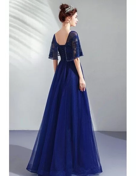 Navy Blue Tulle Aline Formal Dress With Beading Cape Sleeves