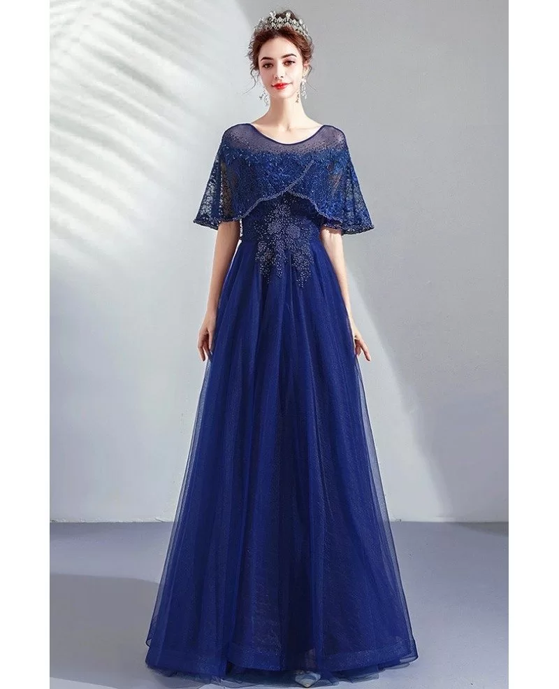 Navy Blue Tulle Aline Formal Dress With Beading Cape Sleeves Wholesale 