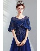 Navy Blue Tulle Aline Formal Dress With Beading Cape Sleeves