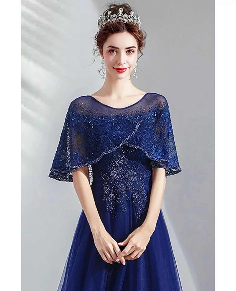 Navy Blue Tulle Aline Formal Dress With Beading Cape Sleeves Wholesale ...