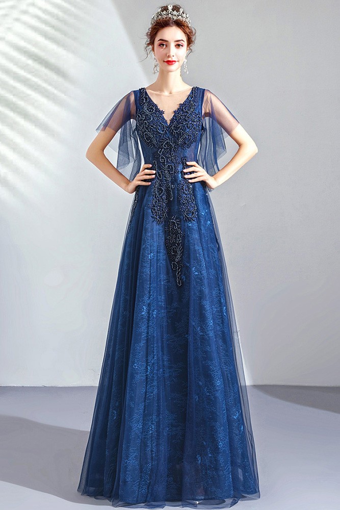 Navy Blue Lace Aline Beaded Prom Dress Vneck With Puffy Sleeves ...