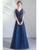 Navy Blue Lace Aline Beaded Prom Dress Vneck With Puffy Sleeves