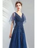 Navy Blue Lace Aline Beaded Prom Dress Vneck With Puffy Sleeves