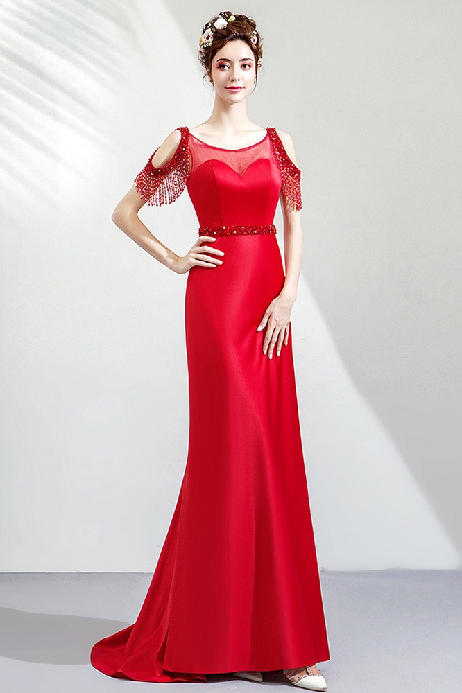 Elegant Red Satin Long Formal Dress With Beaded Waist Sweep Train ...