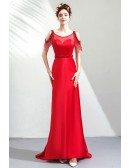 Elegant Red Satin Long Formal Dress With Beaded Waist Sweep Train