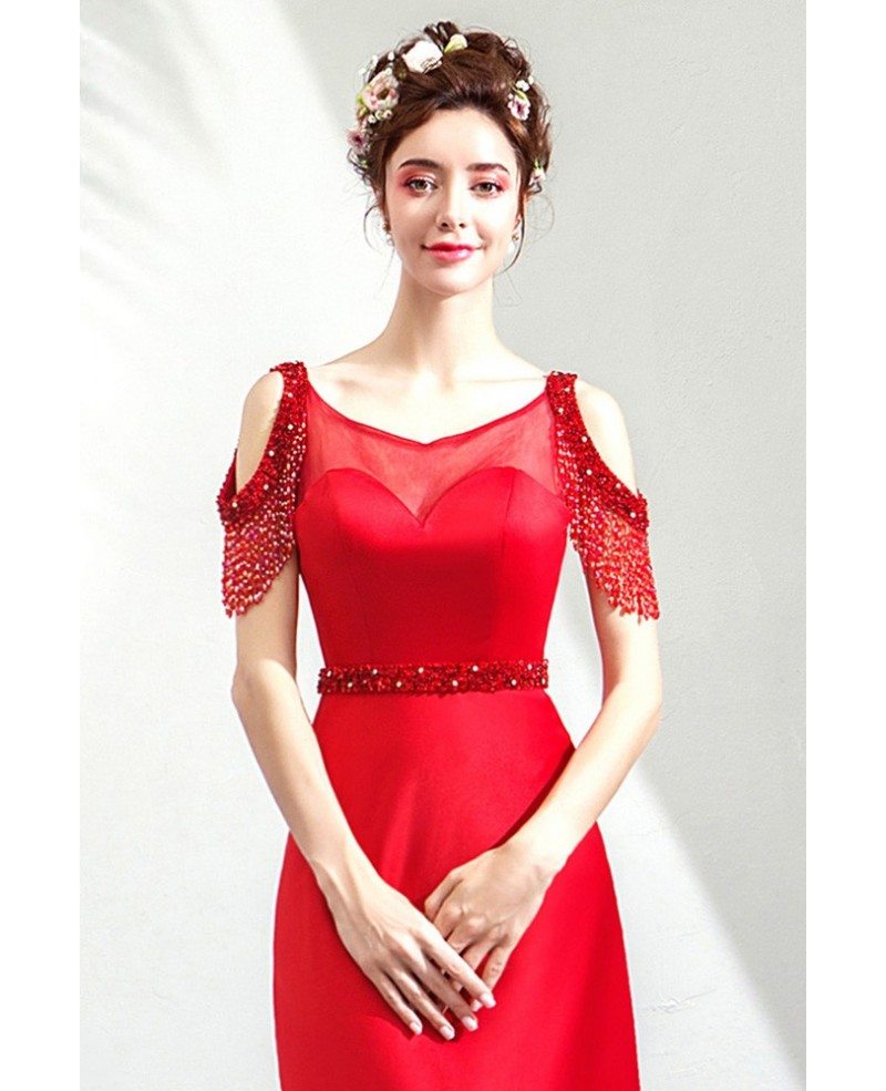 Elegant Red Satin Long Formal Dress With Beaded Waist Sweep Train ...