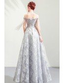 Formal Grey Lace Ballgown Tulle Fairy Prom Dress With Off Shoulder