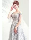 Formal Grey Lace Ballgown Tulle Fairy Prom Dress With Off Shoulder