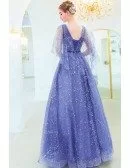 Bling Bling Blue Sequins Formal Tulle Prom Dress Vneck With Cape Sleeves