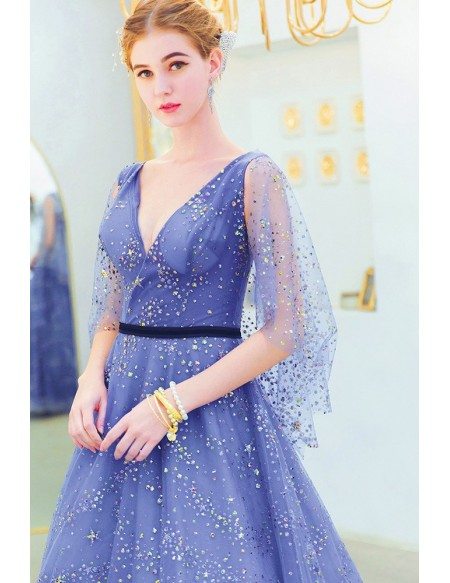Bling Bling Blue Sequins Formal Tulle Prom Dress Vneck With Cape Sleeves
