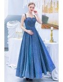 Sparkly Blue Aline Metallic Party Dress Long With Beaded Straps