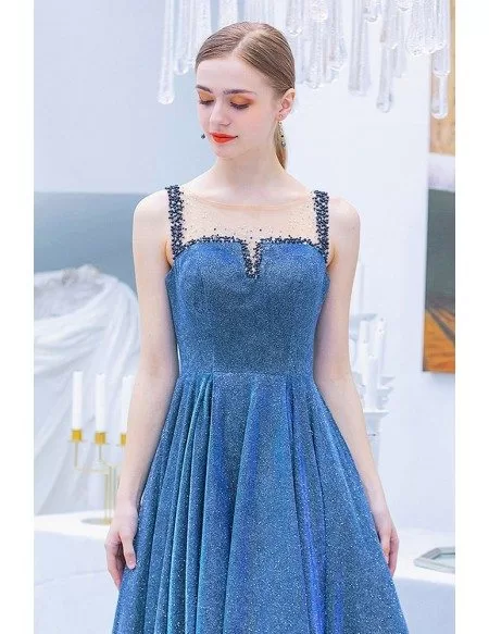 Sparkly Blue Aline Metallic Party Dress Long With Beaded Straps