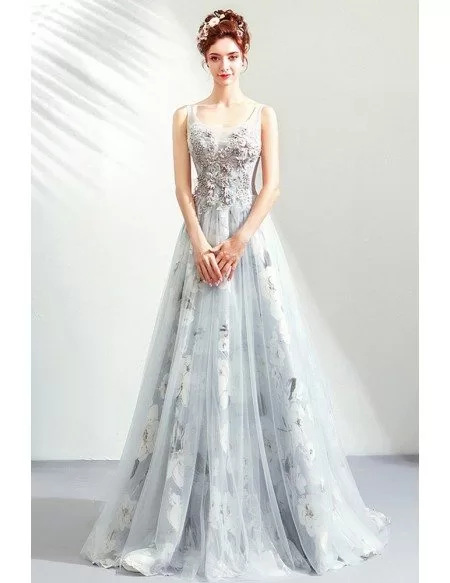 Pretty Grey Floral Long Tulle Prom Dress With Train Wholesale #T79042 ...