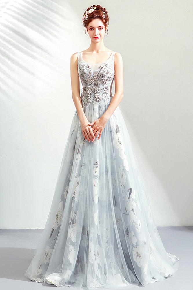 Pretty Grey Floral Long Tulle Prom Dress With Train Wholesale #T79042 -  GemGrace.com