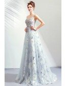 Pretty Grey Floral Long Tulle Prom Dress With Train
