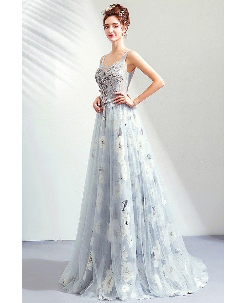 Pretty Grey Floral Long Tulle Prom Dress With Train Wholesale #T79042 ...