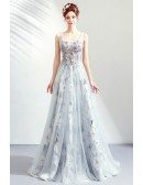 Pretty Grey Floral Long Tulle Prom Dress With Train