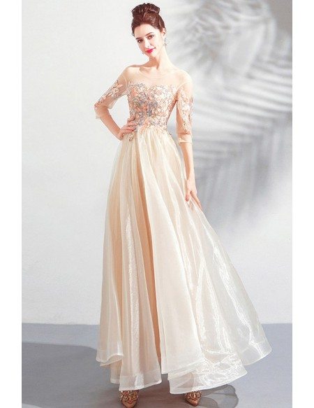 Champagne Organza Maxi Long Prom Dress Illusion Neck 3/4 Sleeves