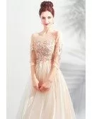 Champagne Organza Maxi Long Prom Dress Illusion Neck 3/4 Sleeves