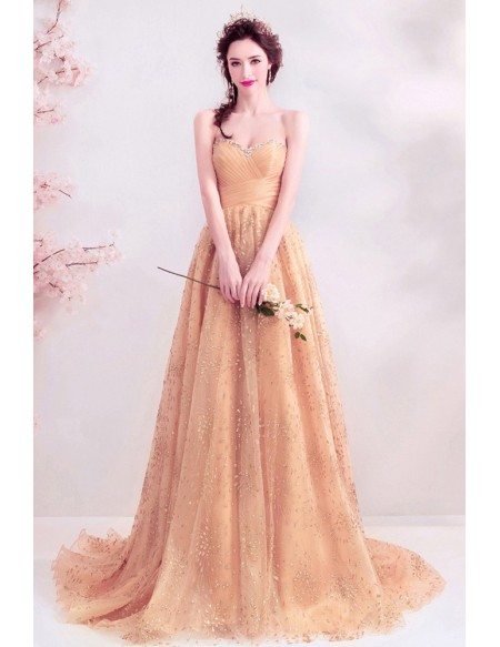 Sparkly Gold Sweetheart Long Formal Dress With Pleated Top