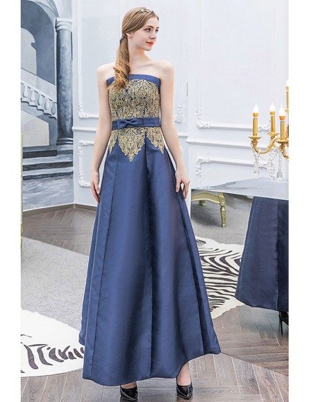 Strapless Navy Blue With Gold Embroidery Prom Dress With Sash